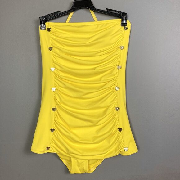 JUICY COUTURE Swimsuit Small VTG One Piece Yellow halter Heart Buttons Y2K - Picture 1 of 10